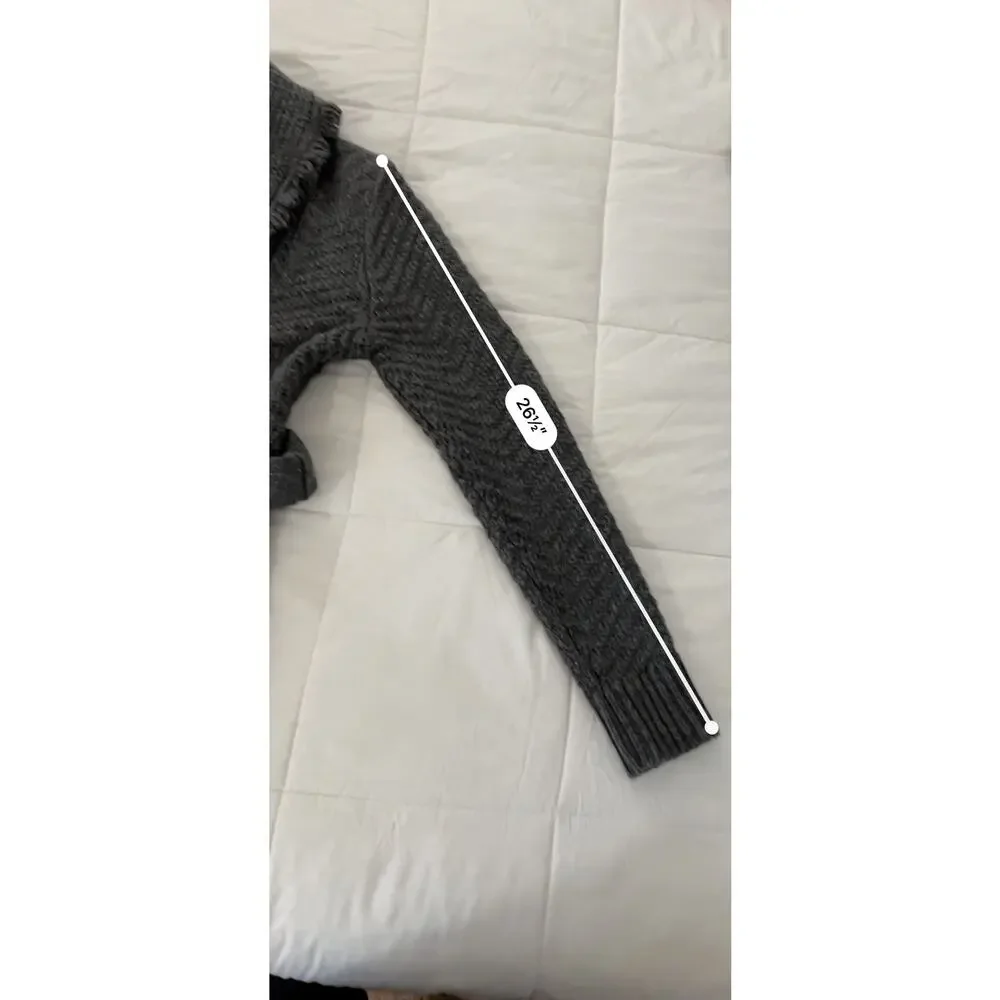 White House Black Market Fringe Shawl Sweater Coat Grey Pockets Belt Sz S